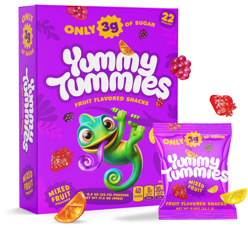 Yummy Tummies fruit snacks box and pouch